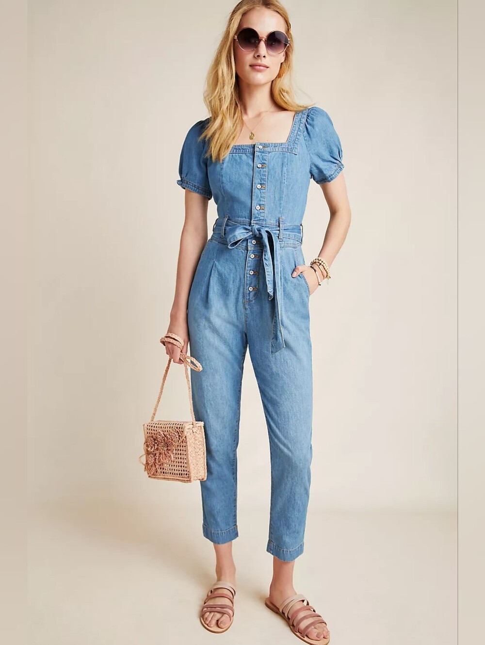 Pilcro | Square-Necked Denim Puff Sleeve Jumpsuit Size 4